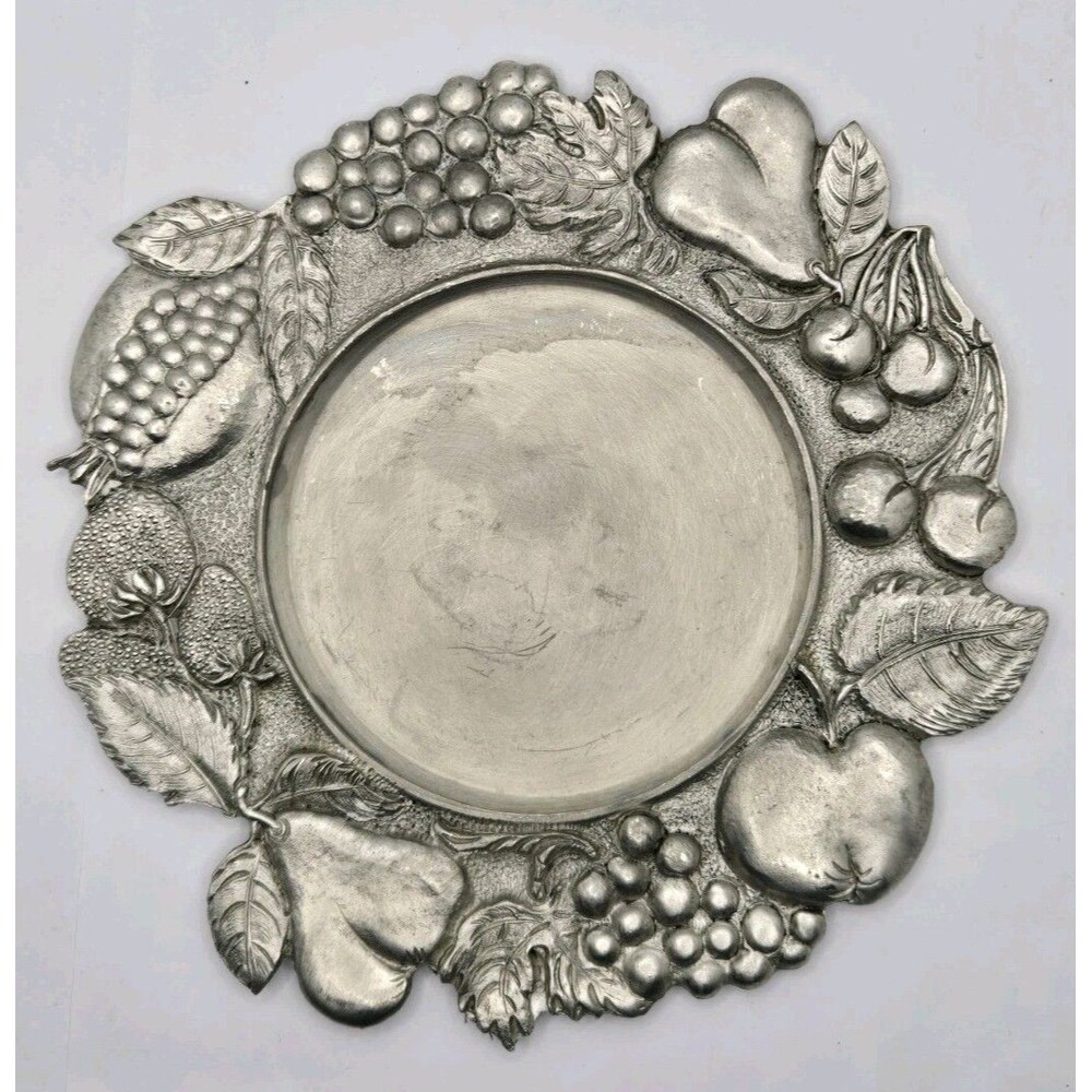 Pewter Plate Candle Holder Grape Fruits Leaves  6.5"vintage Made In Italy